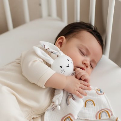 Doudou lapin blanc arc en ciel bébé dort