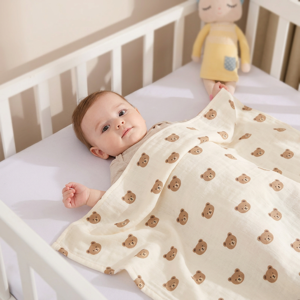 Bébé avec la couverture ourson dans une chambre douce et lumineuse