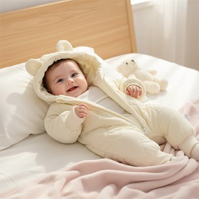 Combinaison bebe blanc couché au lit sourit