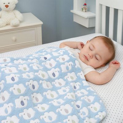 Couverture bebe bleu éléphant blanc bébé dort