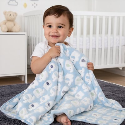 Couverture bebe bleu éléphant blanc bébé sourit