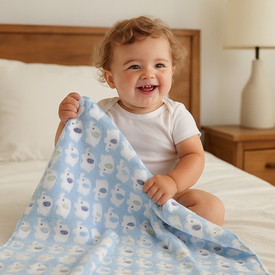 Couverture bebe bleu éléphant blanc bébé sourit