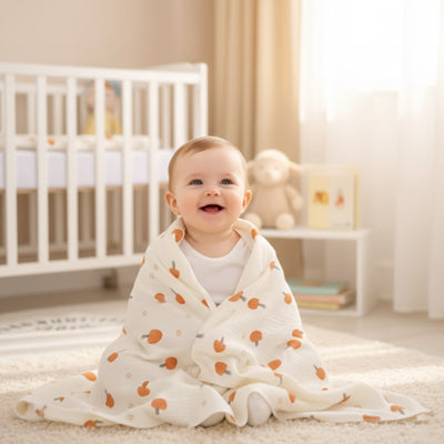 couverture bébé champignon souriant assis par terre