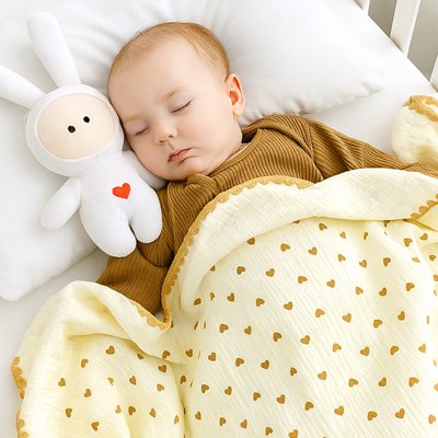 Couverture bébé jaune coeur marron bébé dort toutou lapin blanc coeur rouge
