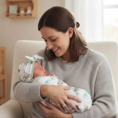 Couverture d'emmaillotage douce confortable respirante 100% coton bébé emmailloté avec bonnet dort sur maman sereine qui sourit