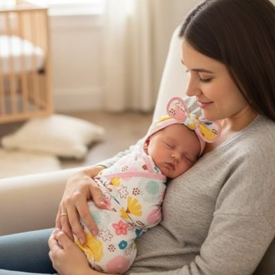 Couverture d'emmaillotage douce confortable respirante 100% coton fleur bébé emmailloté avec bonnet dort sur maman réconfortée sereine qui sourit