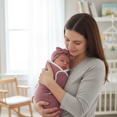 Couverture d'emmaillotage douce confortable respirante 100% coton rose bébé emmailloté avec bonnet serein repose sur maman sereine qui sourit