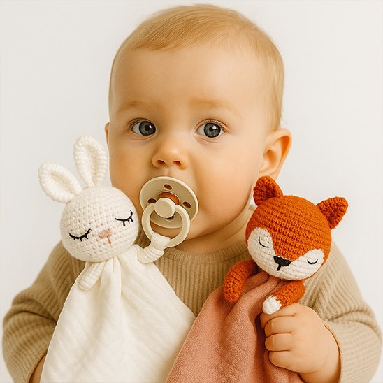 Doudou bebe blanc orange tricot sucette