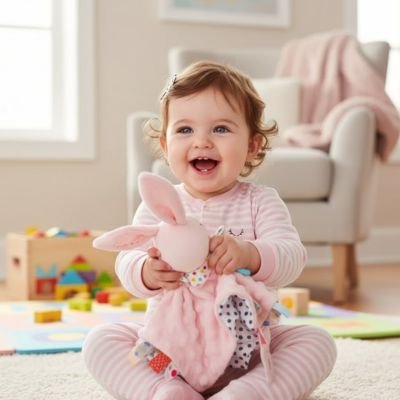 Doudou bebe rose pois noir blanc bébé sourit