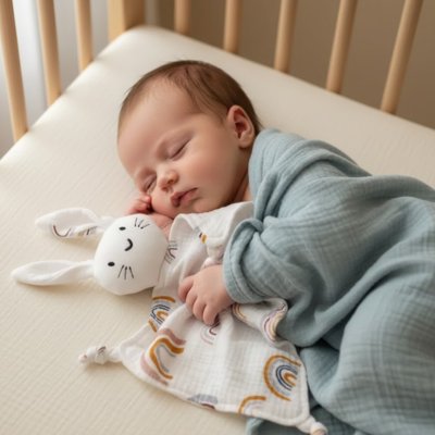 Doudou lapin blanc arc en ciel bébé dort