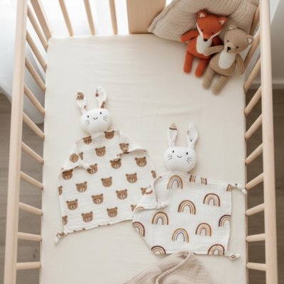 Doudou lapin  blanc ourson marron arc en ciel couchette bébé ourson loup orange ours beige marron