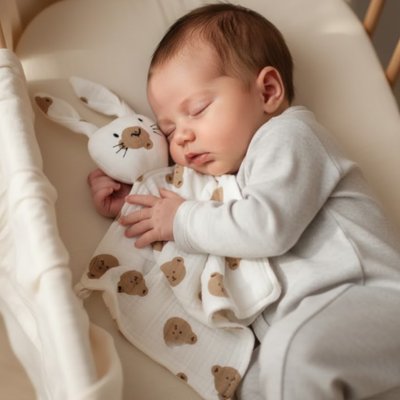 Doudou lapin  blanc ourson marron bébé dort