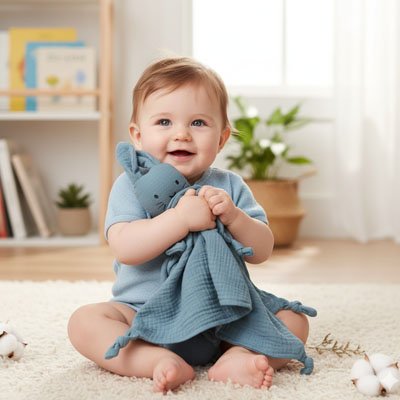 Doudou lapin bleu bébé sourit