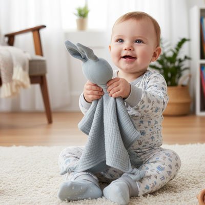 Doudou lapin  bleu clair bébé sourit