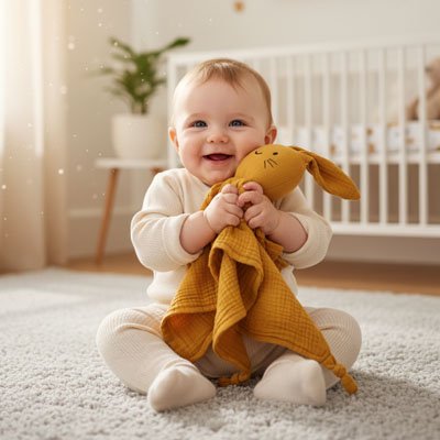 Doudou lapin jaune bébé sourit