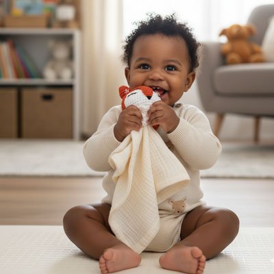 Doudou renard blanc orange bébé sourit