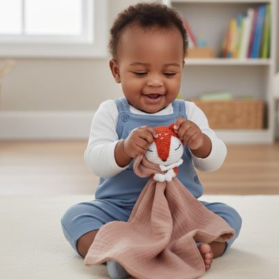 Doudou renard orange rose bébé sourit