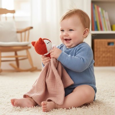 Doudou renard rose orange blanc bébé sourit