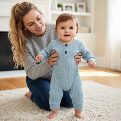 Pyjama bebe bleu bébé avec maman