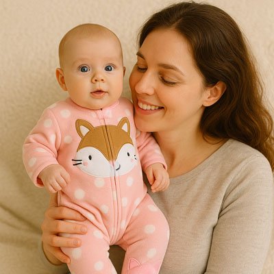 Pyjama bebe​ rose pois blanc chat marron bébé avec maman