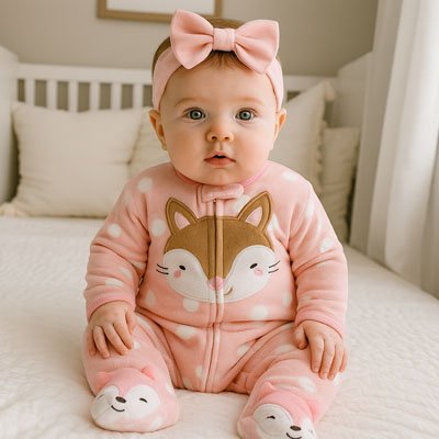 Pyjama bebe​ rose pois blanc chat marron bandeau tête rose